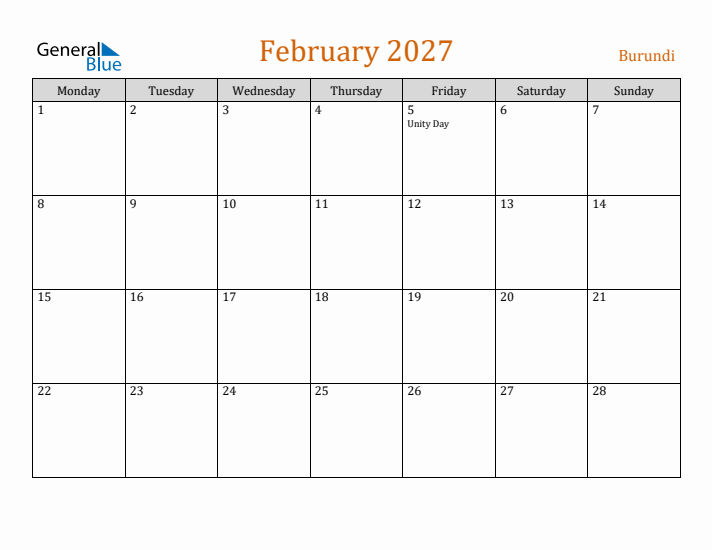 February 2027 Holiday Calendar with Monday Start