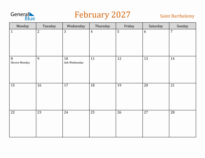 February 2027 Holiday Calendar with Monday Start