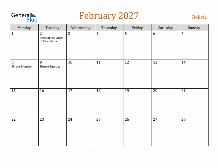 February 2027 Holiday Calendar with Monday Start