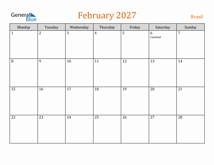 February 2027 Holiday Calendar with Monday Start