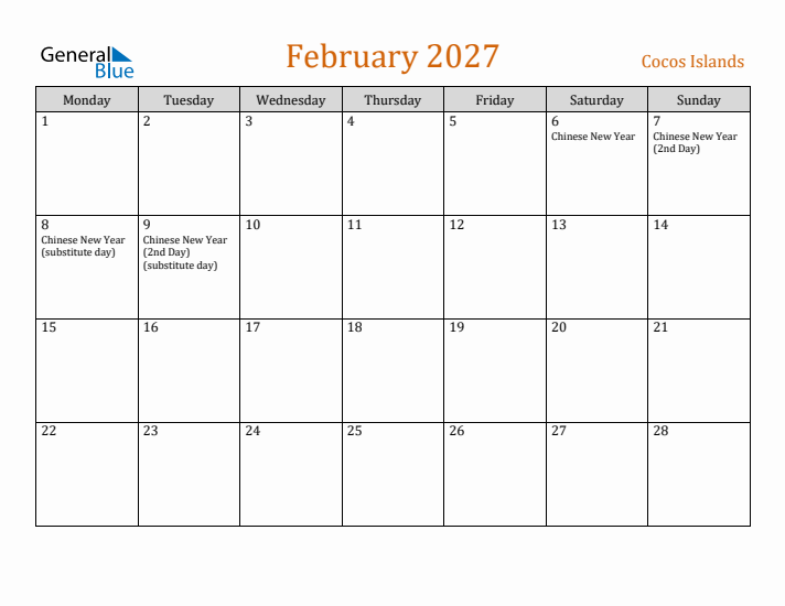 February 2027 Holiday Calendar with Monday Start