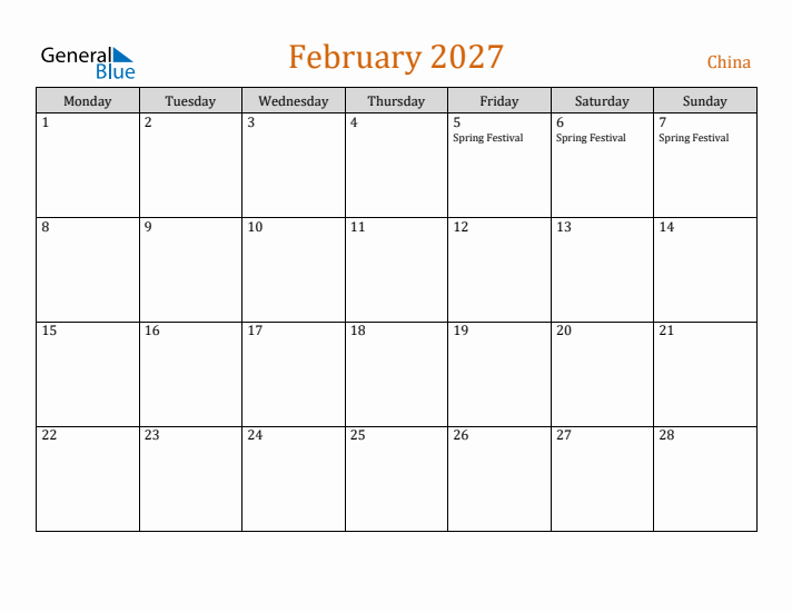 February 2027 Holiday Calendar with Monday Start