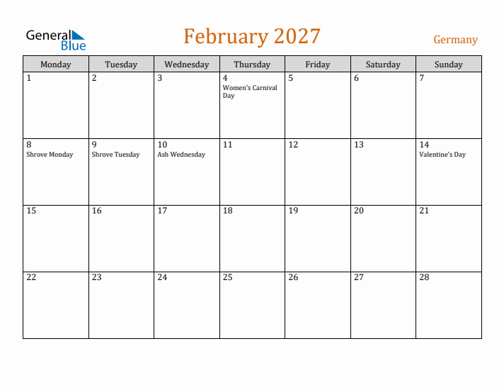 February 2027 Holiday Calendar with Monday Start