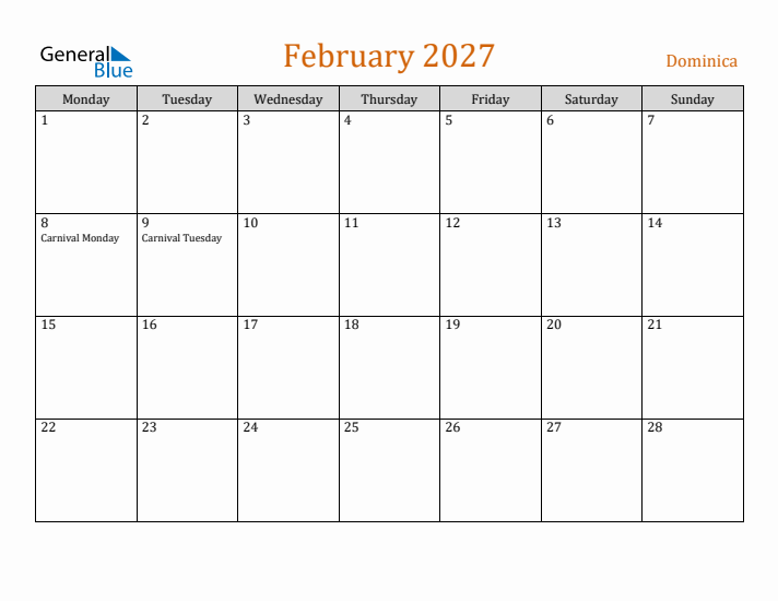 February 2027 Holiday Calendar with Monday Start