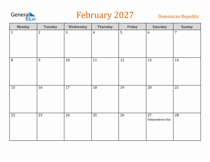 February 2027 Holiday Calendar with Monday Start