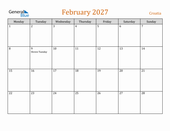 February 2027 Holiday Calendar with Monday Start