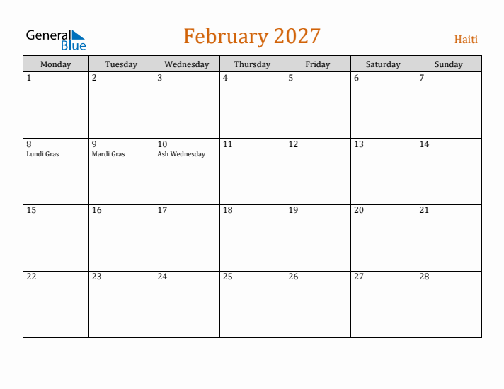 February 2027 Holiday Calendar with Monday Start