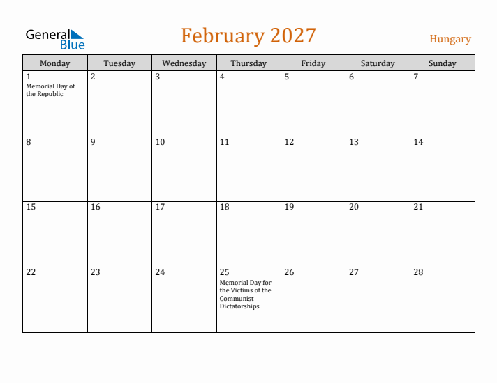 February 2027 Holiday Calendar with Monday Start