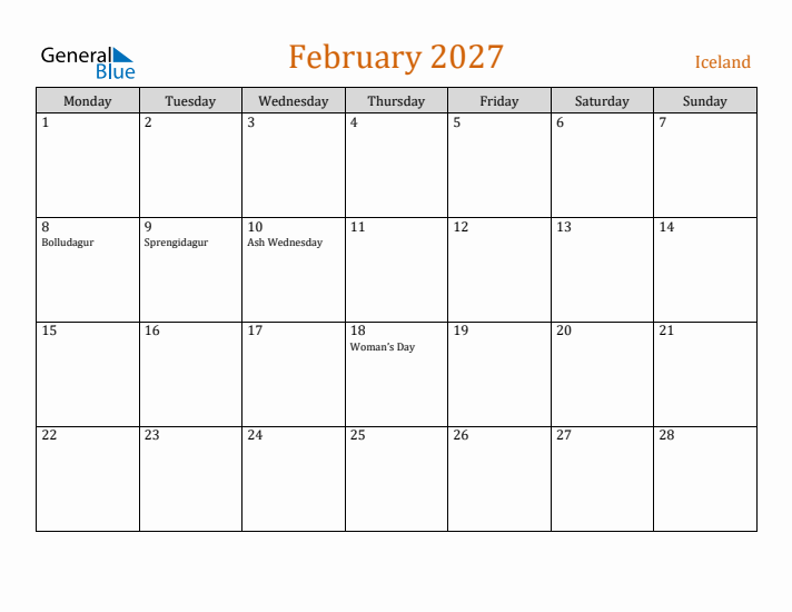 February 2027 Holiday Calendar with Monday Start