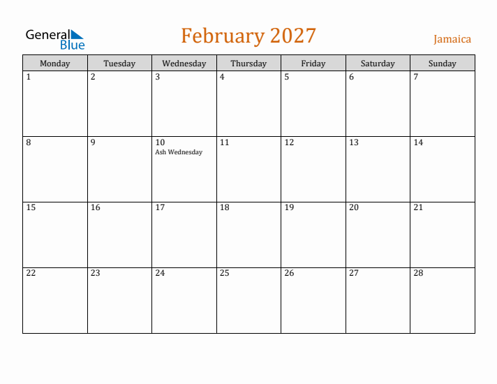 February 2027 Holiday Calendar with Monday Start