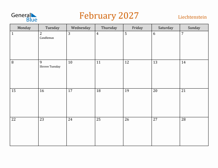 February 2027 Holiday Calendar with Monday Start