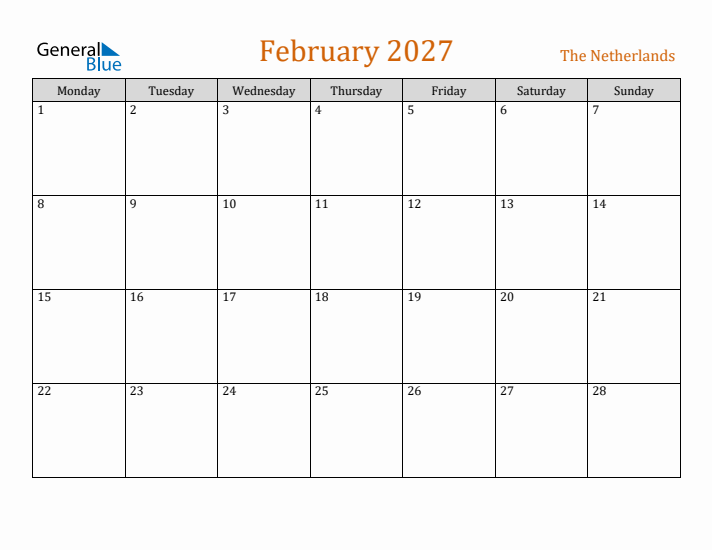 February 2027 Holiday Calendar with Monday Start