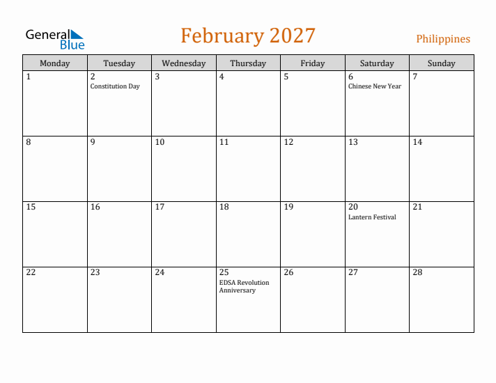 February 2027 Holiday Calendar with Monday Start