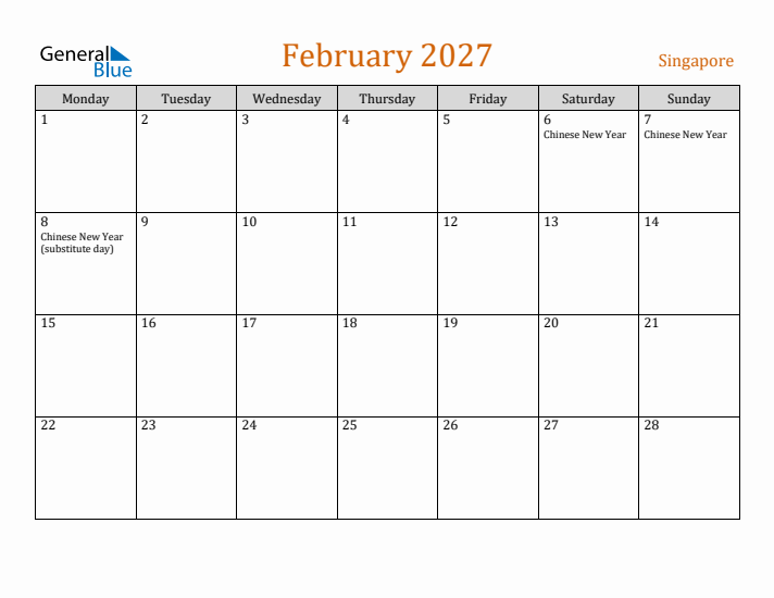 February 2027 Holiday Calendar with Monday Start