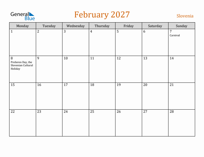 February 2027 Holiday Calendar with Monday Start