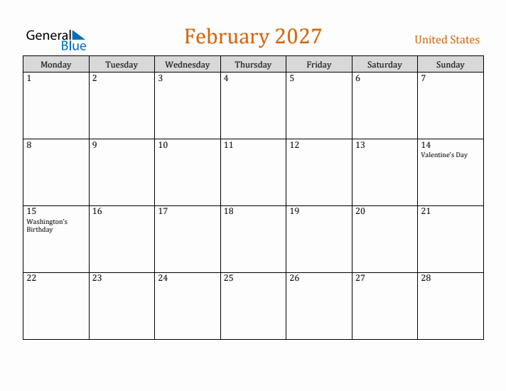 February 2027 Holiday Calendar with Monday Start