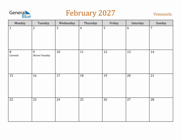 February 2027 Holiday Calendar with Monday Start