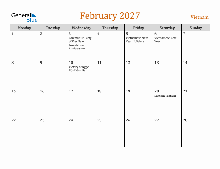 February 2027 Holiday Calendar with Monday Start