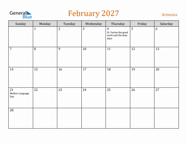 February 2027 Holiday Calendar with Sunday Start