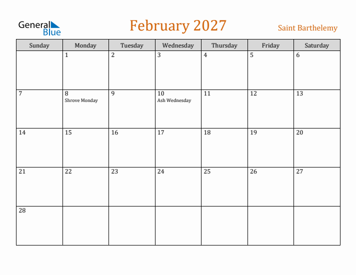 February 2027 Holiday Calendar with Sunday Start