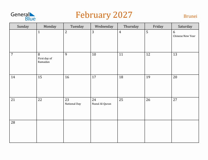 February 2027 Holiday Calendar with Sunday Start