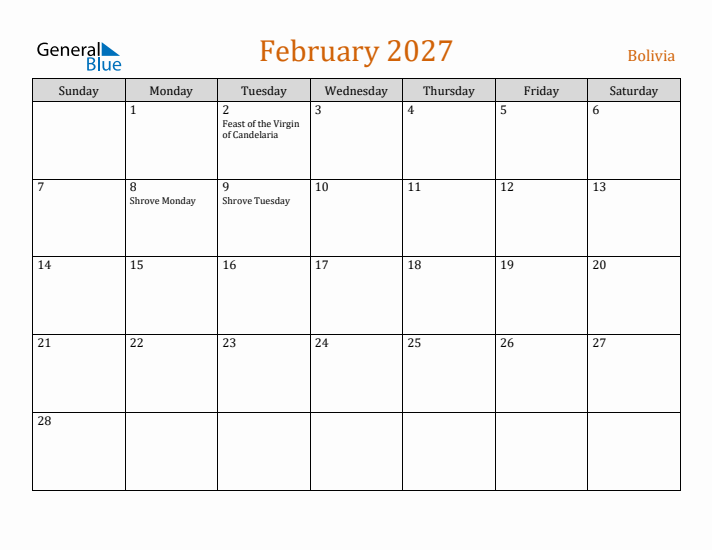 February 2027 Holiday Calendar with Sunday Start