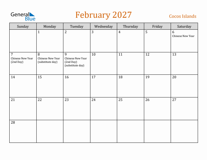 February 2027 Holiday Calendar with Sunday Start