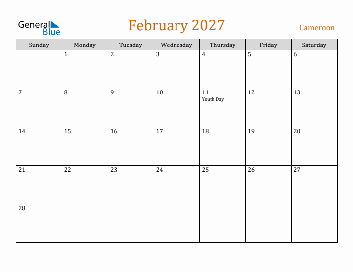 February 2027 Holiday Calendar with Sunday Start