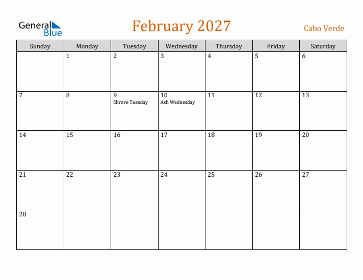 February 2027 Holiday Calendar with Sunday Start