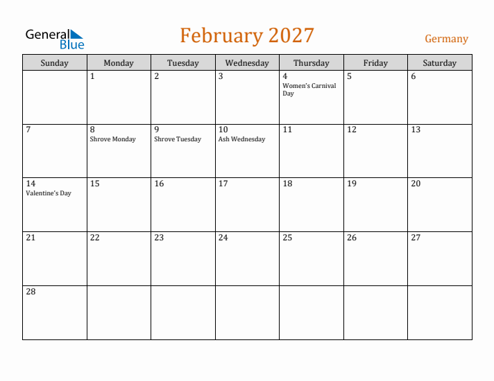 February 2027 Holiday Calendar with Sunday Start