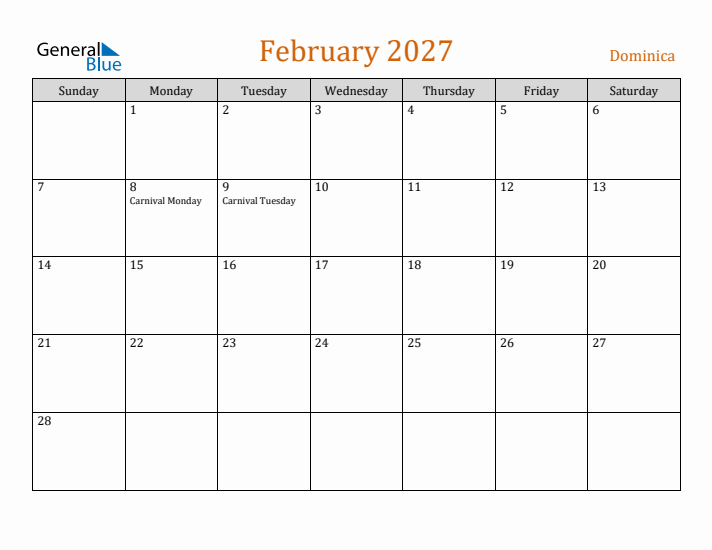 February 2027 Holiday Calendar with Sunday Start