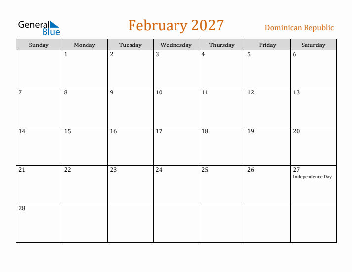 February 2027 Holiday Calendar with Sunday Start