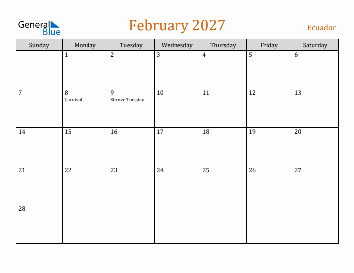 February 2027 Holiday Calendar with Sunday Start