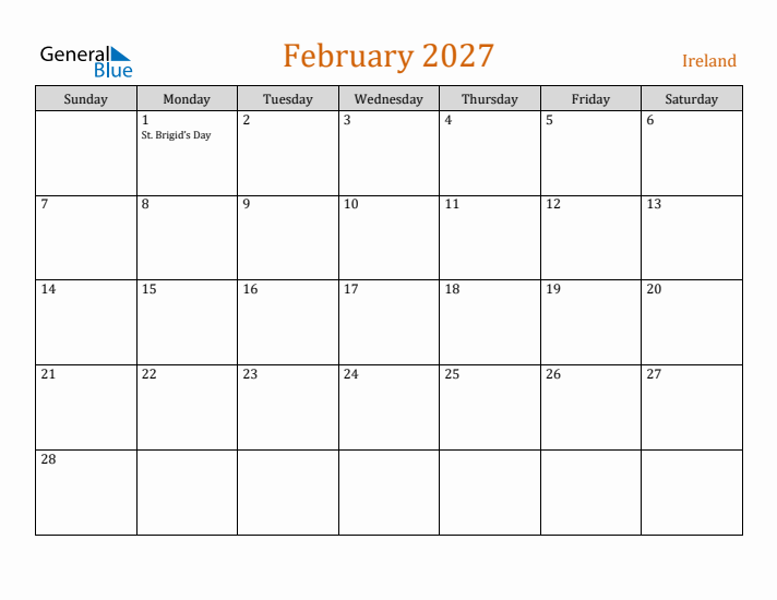 February 2027 Holiday Calendar with Sunday Start