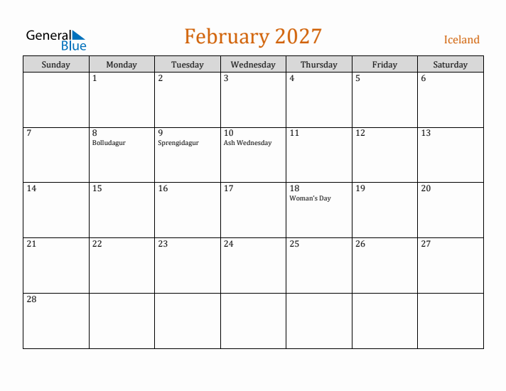 February 2027 Holiday Calendar with Sunday Start