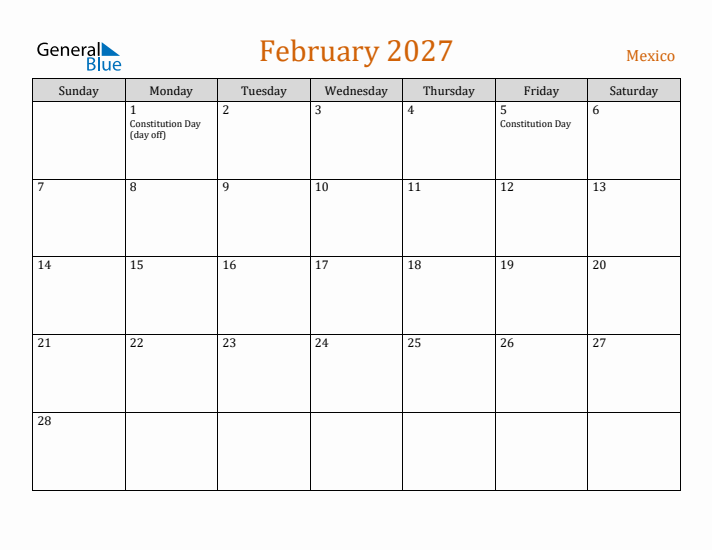 February 2027 Holiday Calendar with Sunday Start