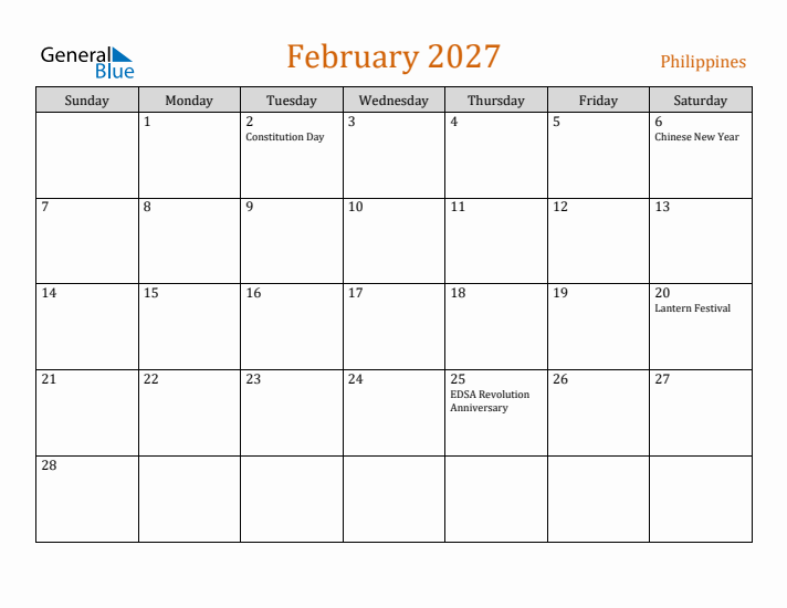 February 2027 Holiday Calendar with Sunday Start