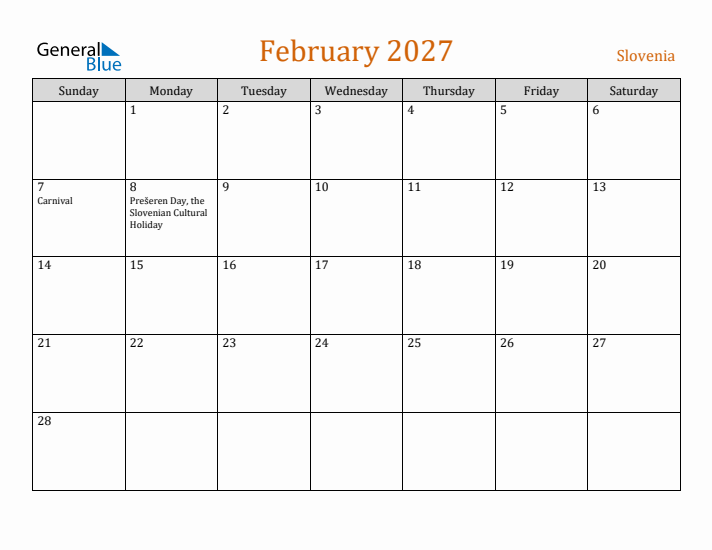 February 2027 Holiday Calendar with Sunday Start