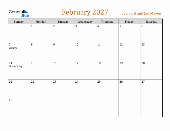 February 2027 Holiday Calendar with Sunday Start