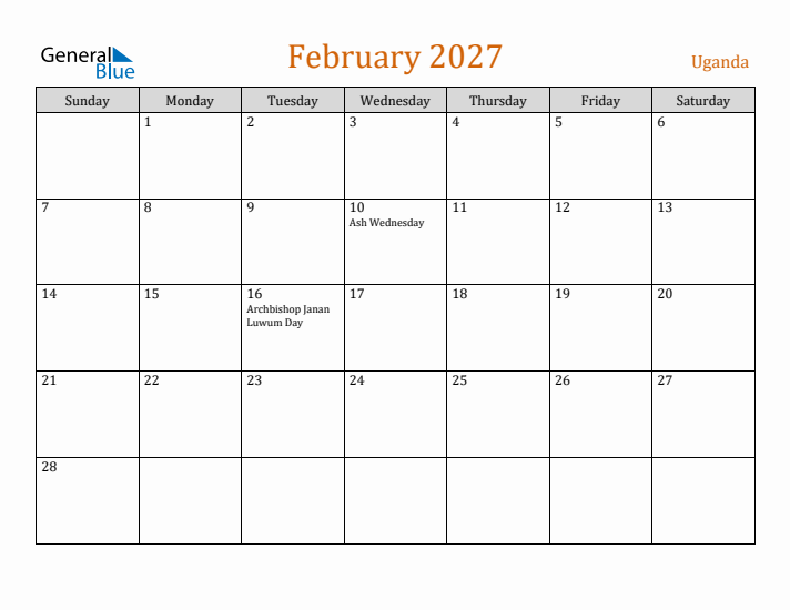 February 2027 Holiday Calendar with Sunday Start