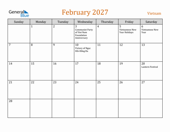 February 2027 Holiday Calendar with Sunday Start