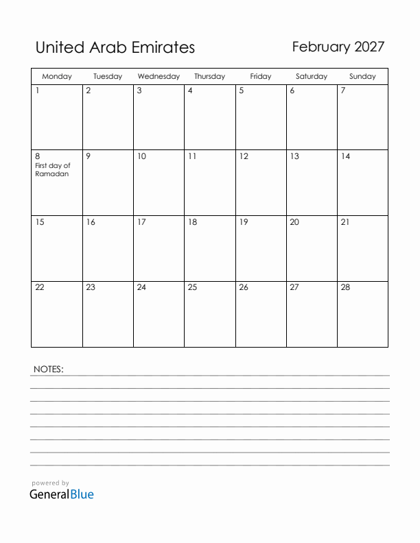 February 2027 United Arab Emirates Calendar with Holidays (Monday Start)