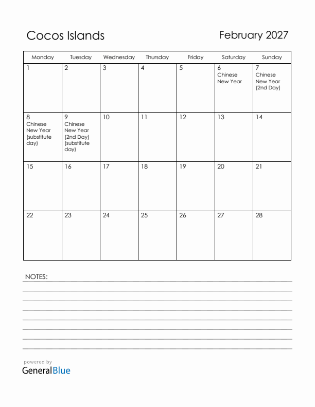 February 2027 Cocos Islands Calendar with Holidays (Monday Start)