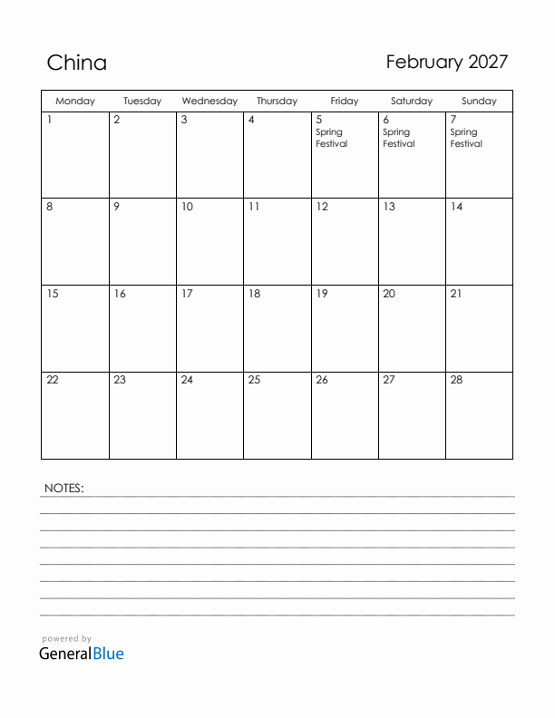 February 2027 China Calendar with Holidays (Monday Start)