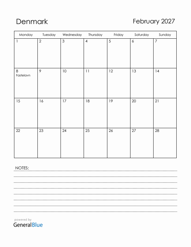 February 2027 Denmark Calendar with Holidays (Monday Start)