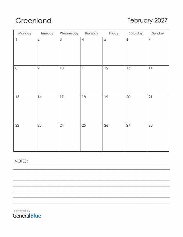 February 2027 Greenland Calendar with Holidays (Monday Start)