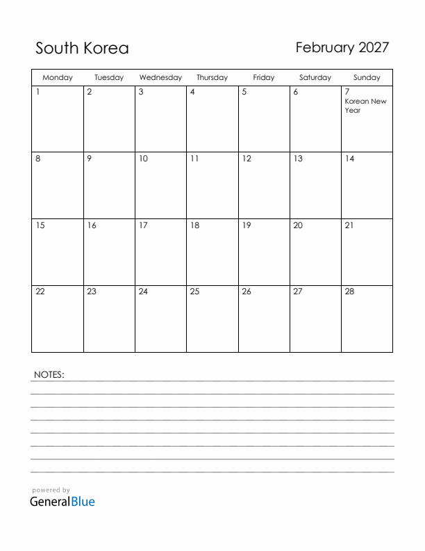 February 2027 South Korea Calendar with Holidays (Monday Start)