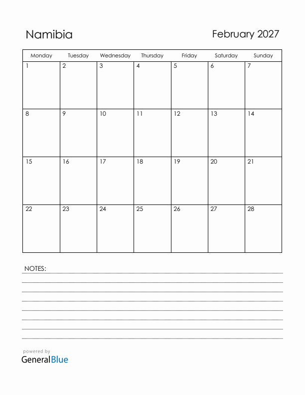 February 2027 Namibia Calendar with Holidays (Monday Start)