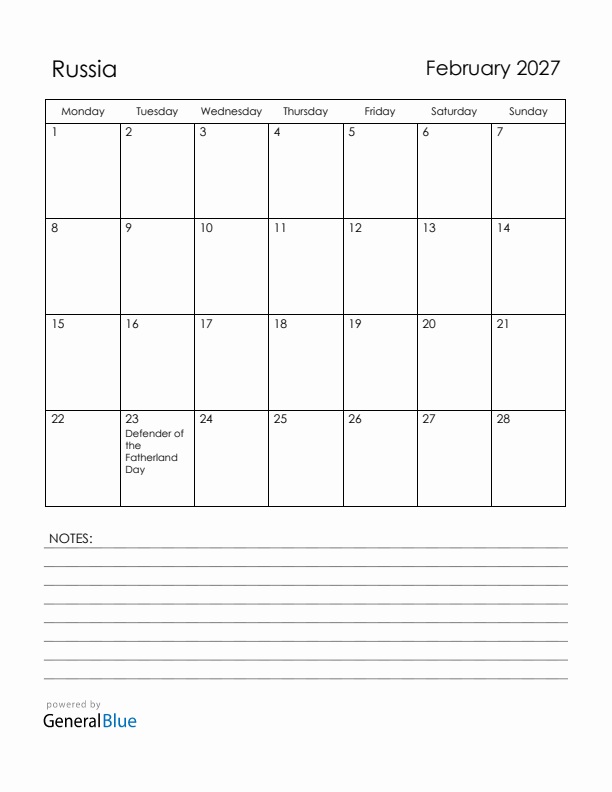 February 2027 Russia Calendar with Holidays (Monday Start)