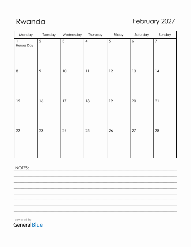 February 2027 Rwanda Calendar with Holidays (Monday Start)